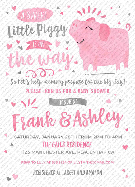 Little Piggy Baby Shower invitation printable INSTANT DOWNLOAD Piglet Baby Girl Shower invite couples co-ed baby shower pink grey pig