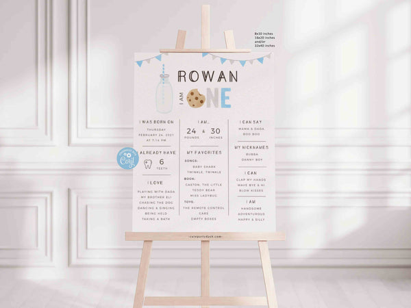 Milk and Cookies 1st Birthday Cake Topper Printable Blue ONE Cake Decoration INSTANT DOWNLOAD, Minimalist Baby Boy First Birthday Decor 526