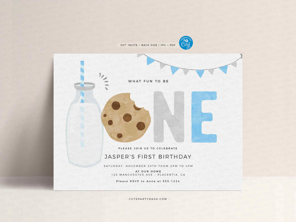 Milk and Cookies 1st Birthday Cake Topper Printable Blue ONE Cake Decoration INSTANT DOWNLOAD, Minimalist Baby Boy First Birthday Decor 526