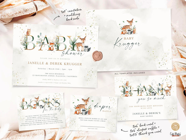 Woodland Greenery Baby Shower Wall Banner Printable INSTANT DOWNLOAD Green & Gold Editable bunting Pennant Flags decor Forest animals 418