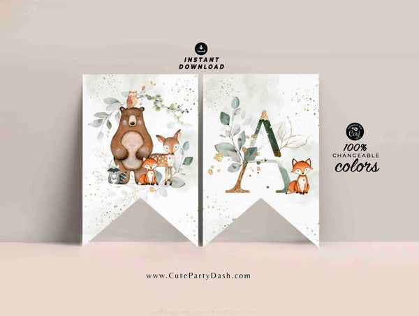Woodland Greenery Baby Shower Wall Banner Printable INSTANT DOWNLOAD Green & Gold Editable bunting Pennant Flags decor Forest animals 418