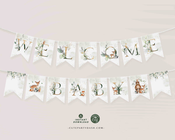 Woodland Greenery Baby Shower Wall Banner Printable INSTANT DOWNLOAD Green & Gold Editable bunting Pennant Flags decor Forest animals 418