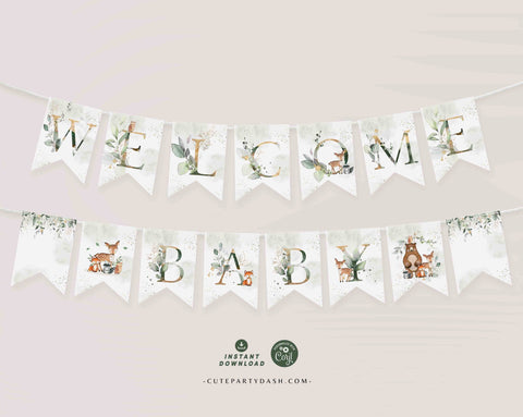 Woodland Greenery Baby Shower Wall Banner Printable INSTANT DOWNLOAD Green & Gold Editable bunting Pennant Flags decor Forest animals 418
