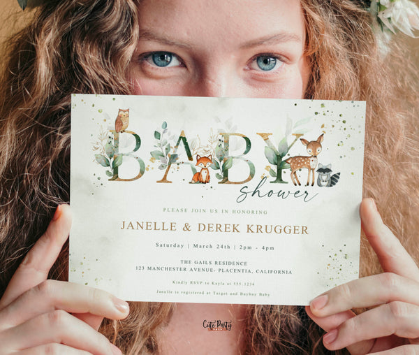 Woodland Greenery Baby Shower Wall Banner Printable INSTANT DOWNLOAD Green & Gold Editable bunting Pennant Flags decor Forest animals 418