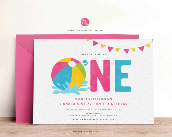 Pool Party Girl First birthday invitation Printable INSTANT DOWNLOAD Swimming Pool Summer Beach Ball Birthday EDITABLE Pink Girly Pool 427