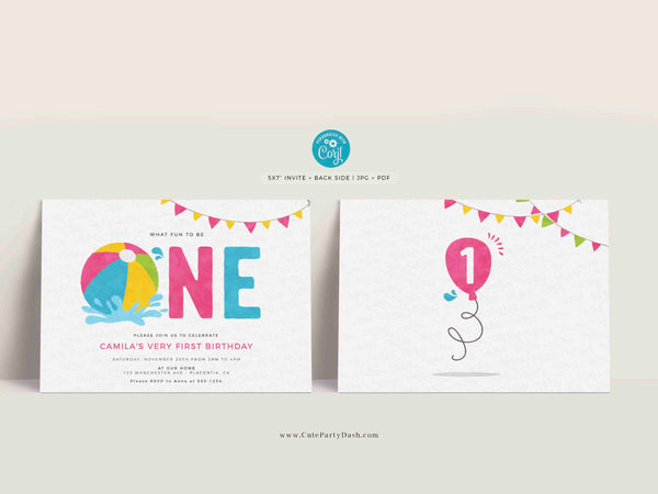 Pool Party Girl First birthday invitation Printable INSTANT DOWNLOAD Swimming Pool Summer Beach Ball Birthday EDITABLE Pink Girly Pool 427