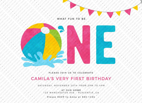 Pool Party Girl First birthday invitation Printable INSTANT DOWNLOAD Swimming Pool Summer Beach Ball Birthday EDITABLE Pink Girly Pool 427