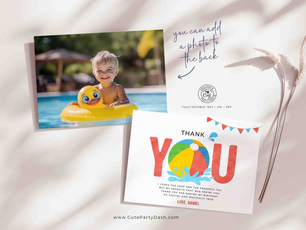 Pool Party birthday Thank you card Printable INSTANT DOWNLOAD Swimming Pool Summer Beach Ball Thank you note Birthday EDITABLE boy girl 427