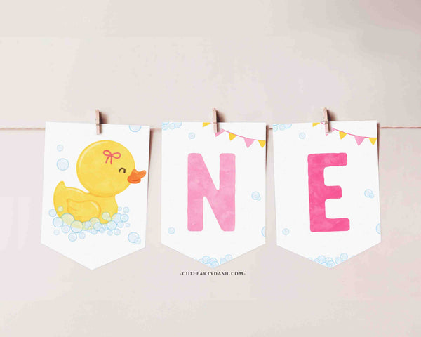 Rubber Duck Girl Birthday High Chair Banner Printable INSTANT DOWNLOAD, Editable ONE baby 1st birthday banner Lucky Duckie Cake Smash 428