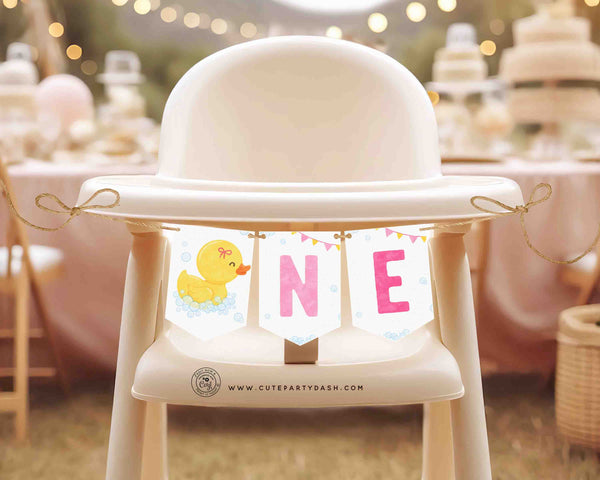 Rubber Duck Girl Birthday High Chair Banner Printable INSTANT DOWNLOAD, Editable ONE baby 1st birthday banner Lucky Duckie Cake Smash 428