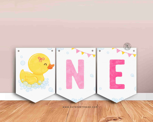 Rubber Duck Girl Birthday High Chair Banner Printable INSTANT DOWNLOAD, Editable ONE baby 1st birthday banner Lucky Duckie Cake Smash 428