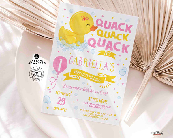 Girl Rubber Duck Birthday Invitation Printable INSTANT DOWNLOAD EDITABLE One Lucky Duck Birthday Invite Rubber Ducky First Birthday Pink 428