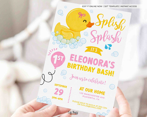Rubber Ducky Girl birthday Party invitation, INSTANT DOWNLOAD EDITABLE Yellow Pink Rubber duck corjl invitation girly duckie invite 428