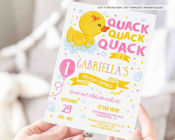 Girl Rubber Duck Birthday Invitation Printable INSTANT DOWNLOAD EDITABLE One Lucky Duck Birthday Invite Rubber Ducky First Birthday Pink 428