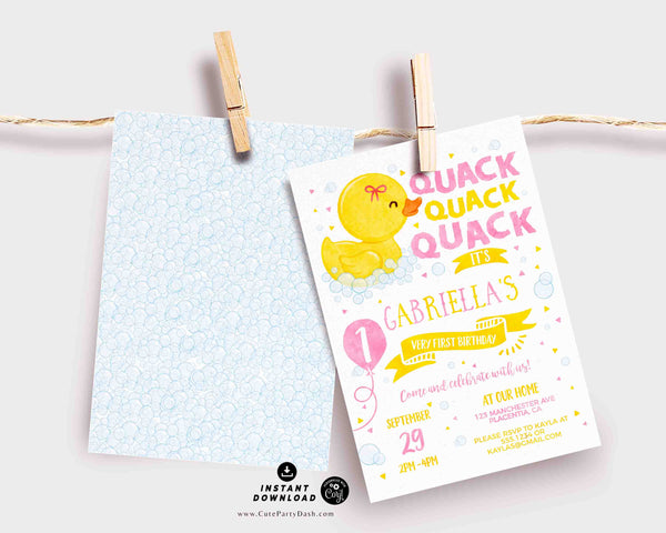 Girl Rubber Duck Birthday Invitation Printable INSTANT DOWNLOAD EDITABLE One Lucky Duck Birthday Invite Rubber Ducky First Birthday Pink 428