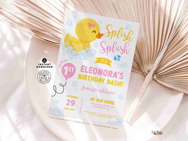 Rubber Ducky Girl birthday Party invitation, INSTANT DOWNLOAD EDITABLE Yellow Pink Rubber duck corjl invitation girly duckie invite 428