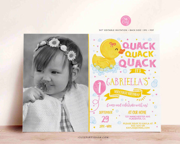 EDITABLE Rubber Duck Girl birthday Party invitation INSTANT DOWNLOAD Yellow Pink One Lucky Duck Birthday Photo Digital corjl invite 428