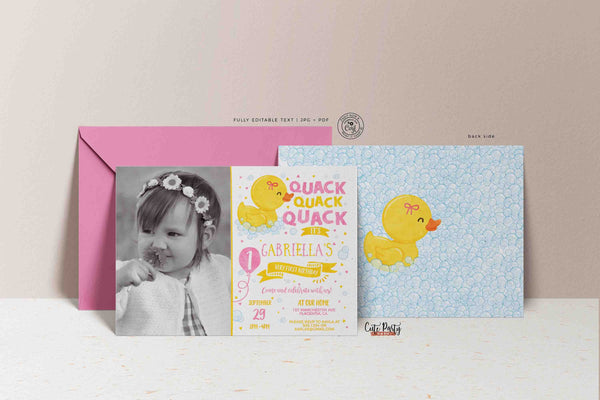 EDITABLE Rubber Duck Girl birthday Party invitation INSTANT DOWNLOAD Yellow Pink One Lucky Duck Birthday Photo Digital corjl invite 428