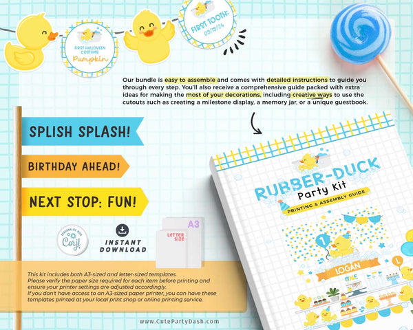 Rubber Duck Birthday Party Decoration Bundle Printable INSTANT DOWNLOAD EDITABLE Yellow Blue Ducky Decor One Lucky Duck invitation 429