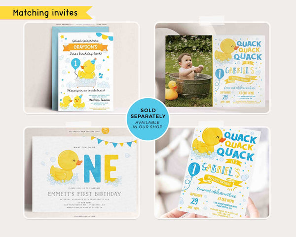 Rubber Duck Birthday Party Decoration Bundle Printable INSTANT DOWNLOAD EDITABLE Yellow Blue Ducky Decor One Lucky Duck invitation 429