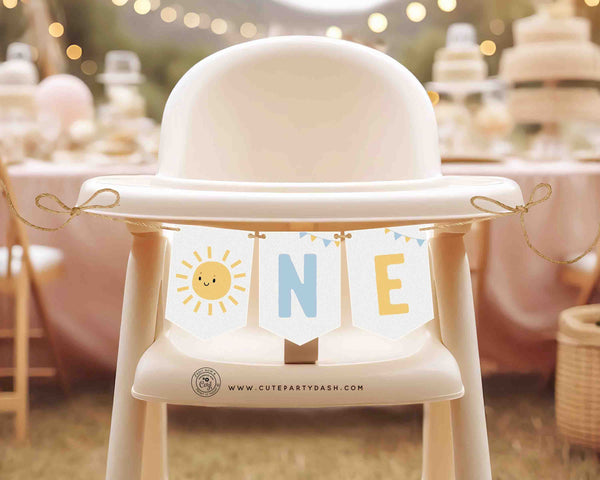 Little Sunshine Birthday Boy High Chair Banner Printable INSTANT DOWNLOAD, Editable ONE baby 1st birthday banner Boho Sun garland 446