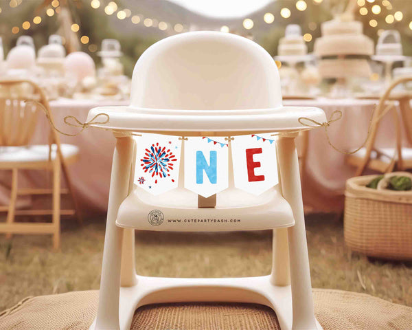4th of July birthday High Chair Banner Printable INSTANT DOWNLOAD, Editable ONE baby 1st birthday banner garland Little Firecracker 453