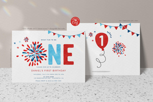 4th of July First birthday invitation INSTANT DOWNLOAD boy girl Independence Day fireworks little firecracker invite Stars Stripes 453