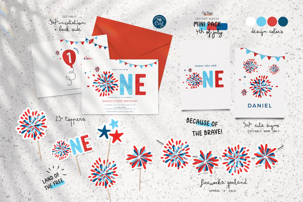 4th of July First birthday invitation INSTANT DOWNLOAD boy girl Independence Day fireworks little firecracker invite Stars Stripes 453