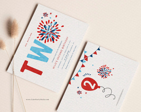 Red White and Two Invitation INSTANT DOWNLOAD EDITABLE 4th of July second birthday invitation Independence Day Party printable fireworks 453