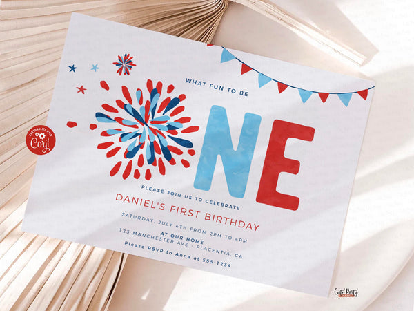 4th of July birthday High Chair Banner Printable INSTANT DOWNLOAD, Editable ONE baby 1st birthday banner garland Little Firecracker 453