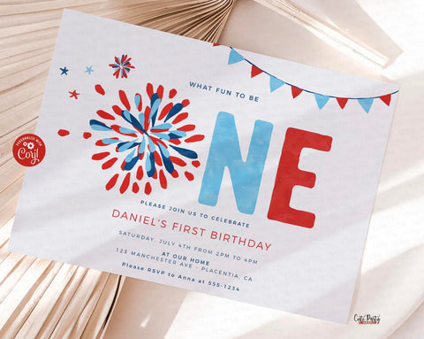 4th of July First birthday invitation INSTANT DOWNLOAD boy girl Independence Day fireworks little firecracker invite Stars Stripes 453