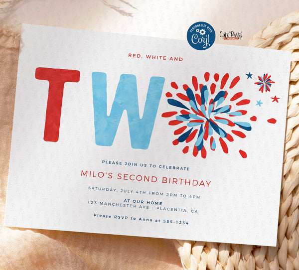 Red White and Two Invitation INSTANT DOWNLOAD EDITABLE 4th of July second birthday invitation Independence Day Party printable fireworks 453