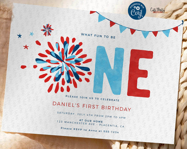 4th of July First birthday invitation INSTANT DOWNLOAD boy girl Independence Day fireworks little firecracker invite Stars Stripes 453
