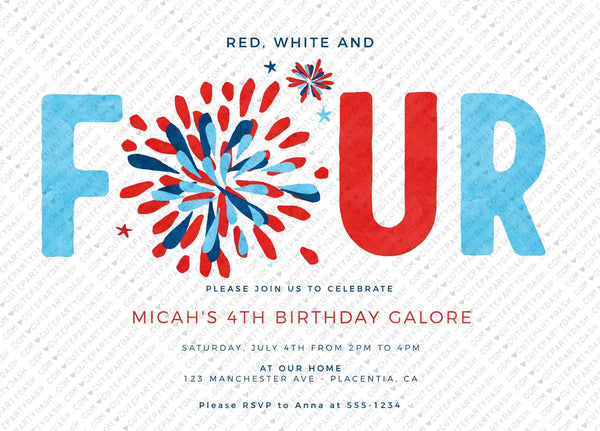 4th of July 4th birthday invitation INSTANT DOWNLOAD Editable Stars Stripes and birthday fun Independence Day fireworks Fourth birthday 453
