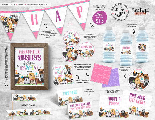 Puppy Birthday Photo Invitation Girl Pet adoption Pink Purple Doggy Dog Adoption Digital corjl Invitation 468