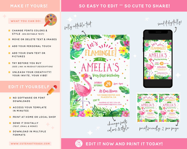 Flamingo Birthday Invitation Girl INSTANT DOWNLOAD Flamingo Birthday Invites Kids EDITABLE Let’s Flamingle Birthday Tropical Party 489