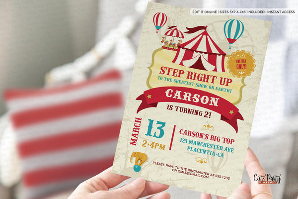 Circus Birthday Invitation Printable INSTANT DOWNLOAD Vintage Carnival Birthday Boy Girl Party invite Digital Ticket Circus Themed
