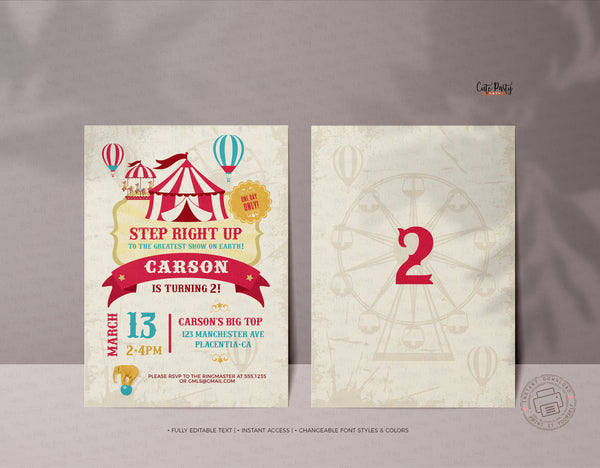 Circus Birthday Invitation Printable INSTANT DOWNLOAD Vintage Carnival Birthday Boy Girl Party invite Digital Ticket Circus Themed