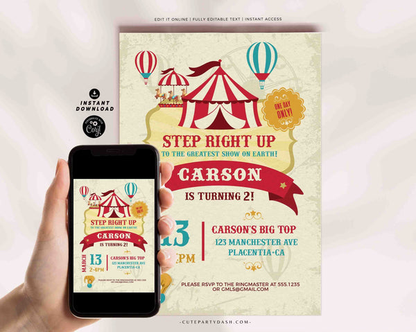 Circus Birthday Invitation Printable INSTANT DOWNLOAD Vintage Carnival Birthday Boy Girl Party invite Digital Ticket Circus Themed