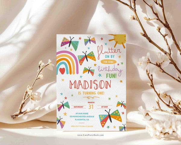 Butterfly Invitation Printable INSTANT DOWNLOAD, Editable Butterfly Birthday Party First birthday Invite, Colorful rainbow party #495