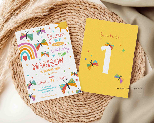 Butterfly Invitation Printable INSTANT DOWNLOAD, Editable Butterfly Birthday Party First birthday Invite, Colorful rainbow party #495
