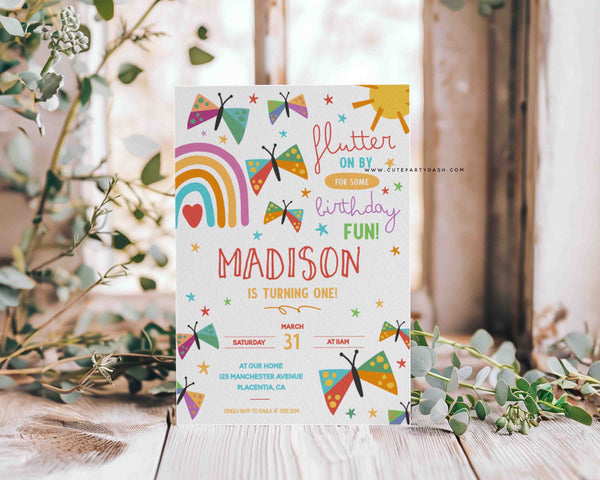 Butterfly Invitation Printable INSTANT DOWNLOAD, Editable Butterfly Birthday Party First birthday Invite, Colorful rainbow party #495