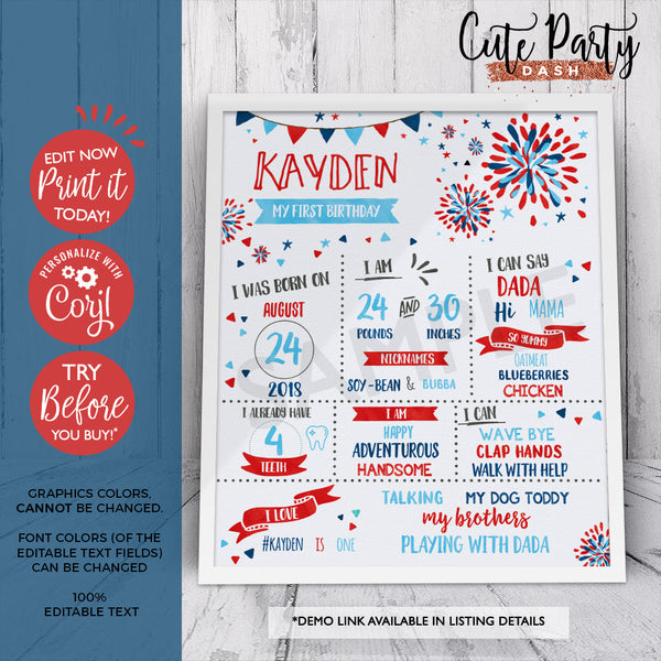 Red White and Two Invitation INSTANT DOWNLOAD EDITABLE 4th of July second birthday invitation Independence Day Party printable fireworks 453