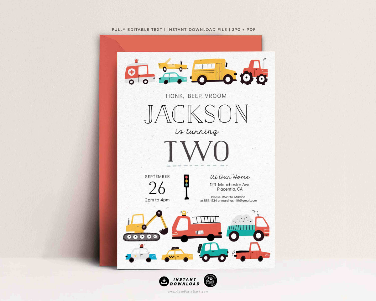 Transportation Birthday Invite Printable INSTANT DOWNLOAD Cute Party Dash