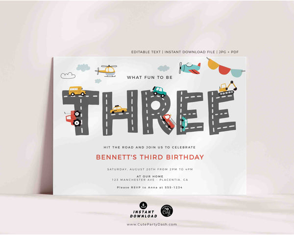 Transportation Third Birthday Invite Printable INSTANT DOWNLOAD, Editable Cars & Trucks Birthday Invitation City Transportation party 509 P