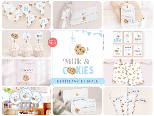 Milk and Cookies 1st Birthday Cake Topper Printable Blue ONE Cake Decoration INSTANT DOWNLOAD, Minimalist Baby Boy First Birthday Decor 526
