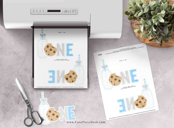 Milk and Cookies 1st Birthday Cake Topper Printable Blue ONE Cake Decoration INSTANT DOWNLOAD, Minimalist Baby Boy First Birthday Decor 526