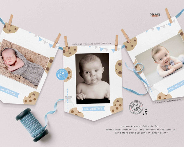 Milk and Cookies Birthday Monthly Photo Banner, INSTANT DOWNLOAD, EDITABLE Minimalist Blue White Printable milestone, Garland, Corjl 526
