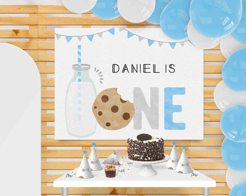 Blue Milk and Cookies Birthday Backdrop Printable Wall sign, Birthday Poster - Digital Download