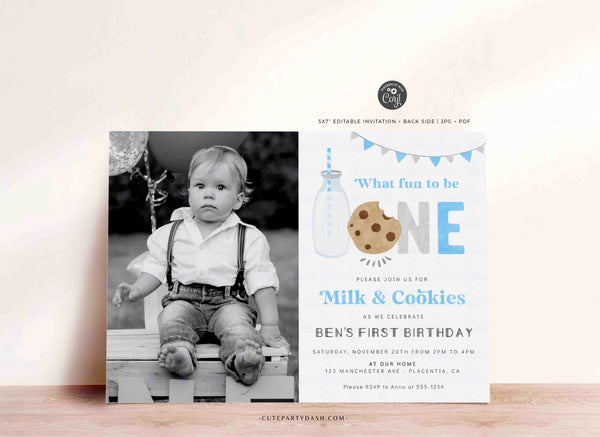 Milk and Cookies 1st Birthday Cake Topper Printable Blue ONE Cake Decoration INSTANT DOWNLOAD, Minimalist Baby Boy First Birthday Decor 526